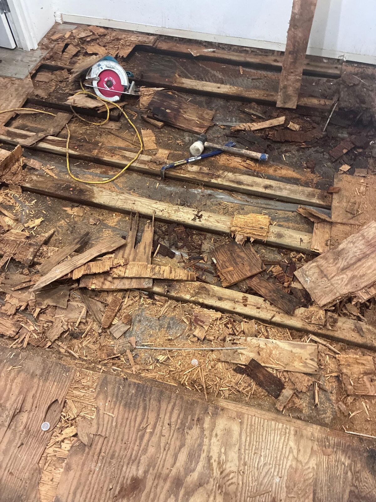 Damaged floor and subfloor before preparation